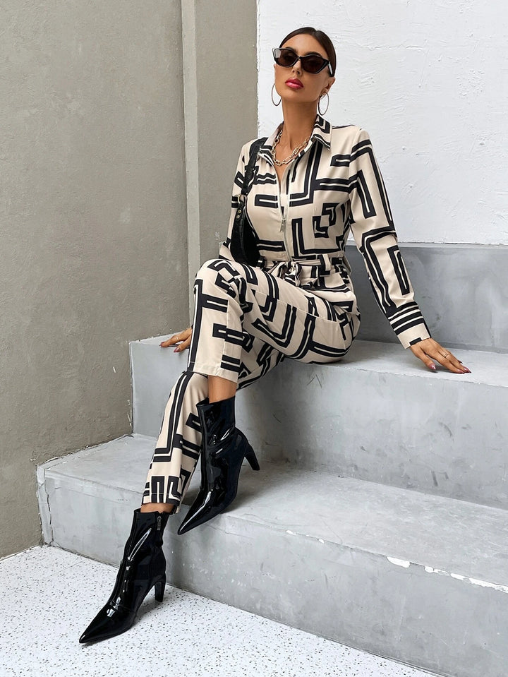 Print Zipper Belted Shirt Jumpsuit