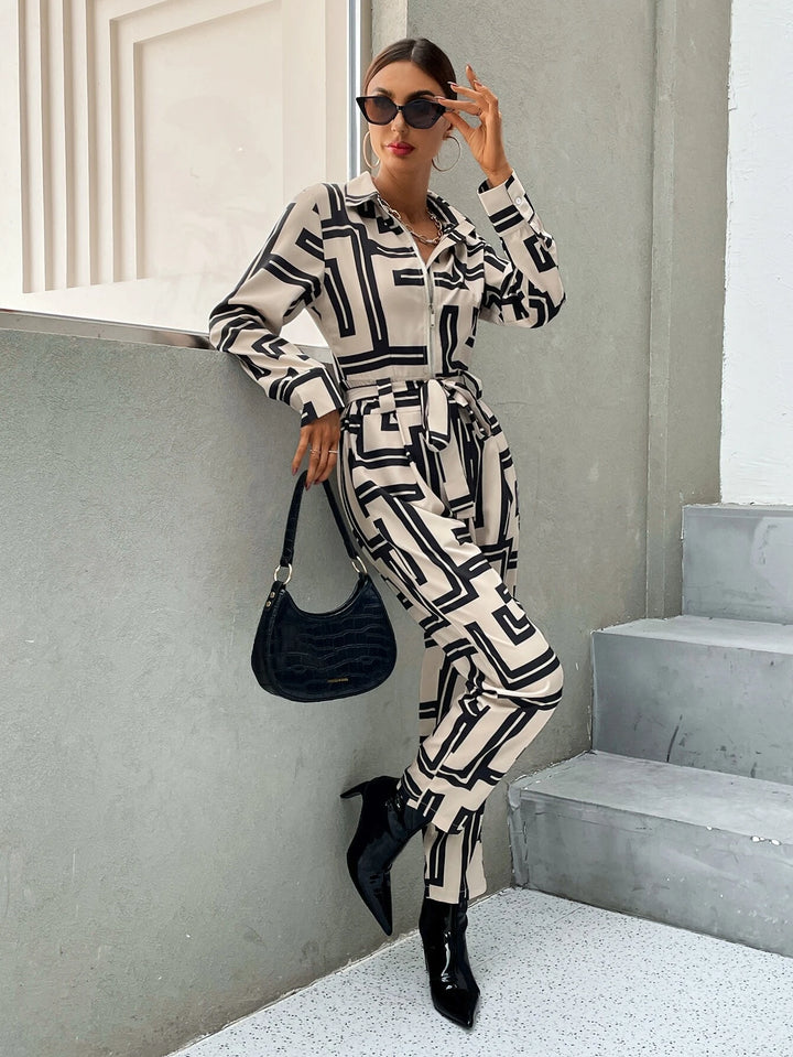 Print Zipper Belted Shirt Jumpsuit