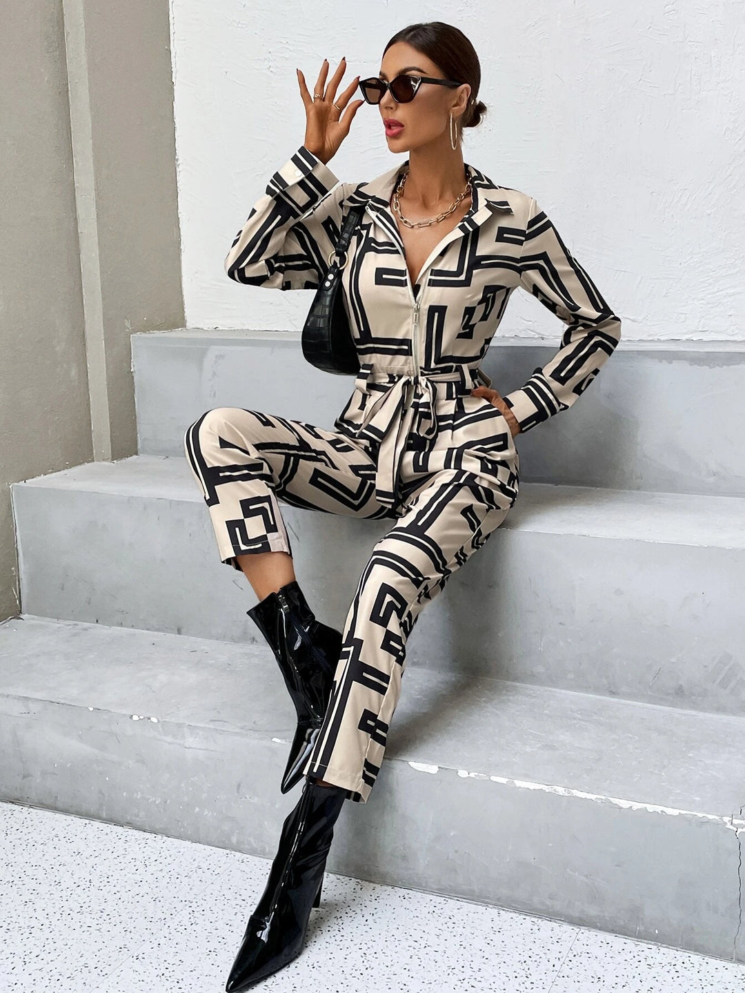 Print Zipper Belted Shirt Jumpsuit