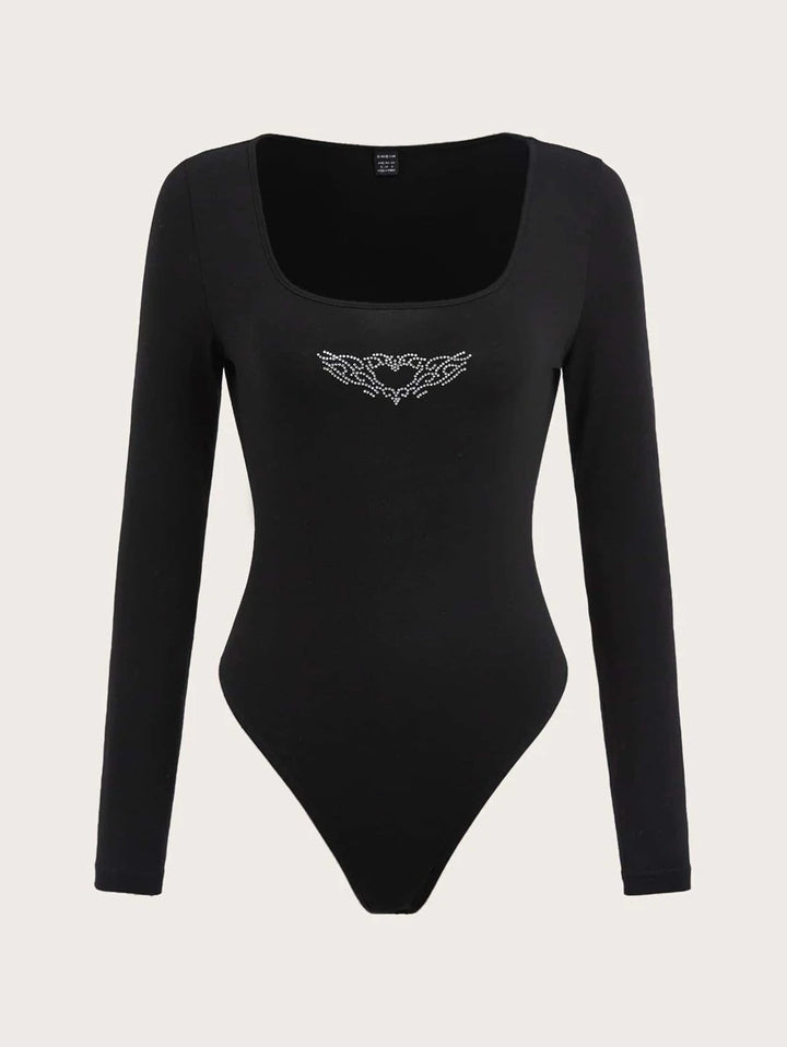 Rhinestone And Wings Pattern Square Neck Bodysuit