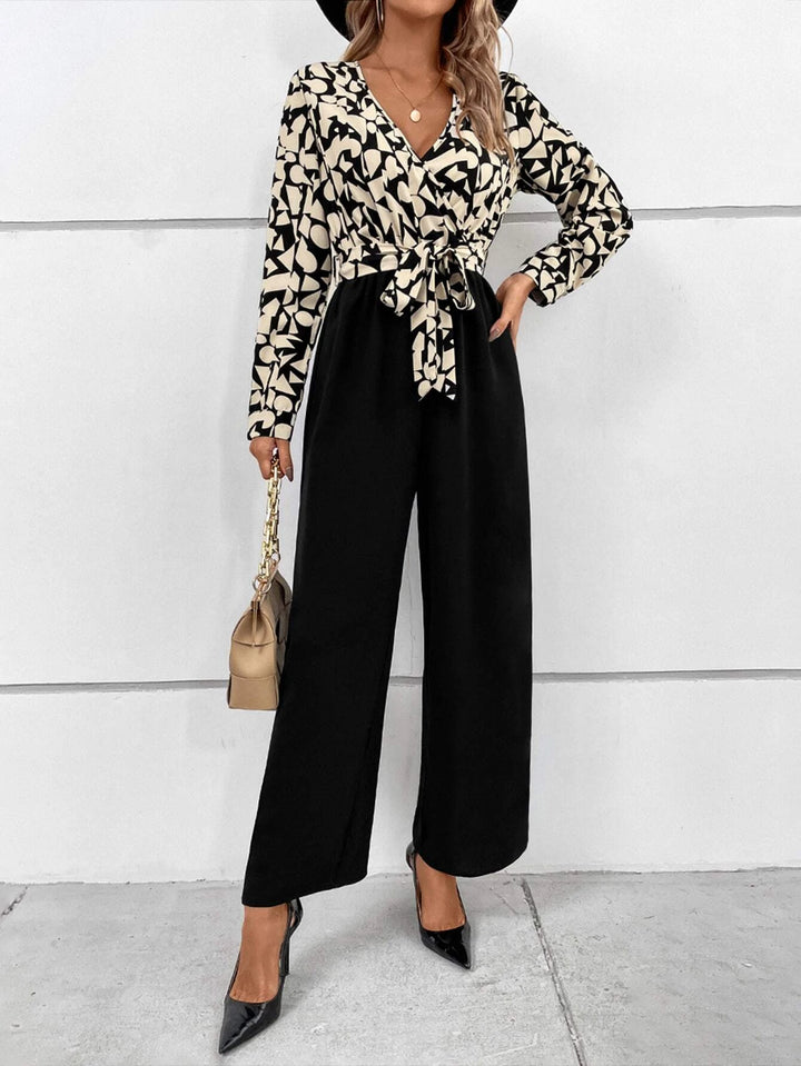 Graphic Print Surplice Neck Belted Jumpsuit