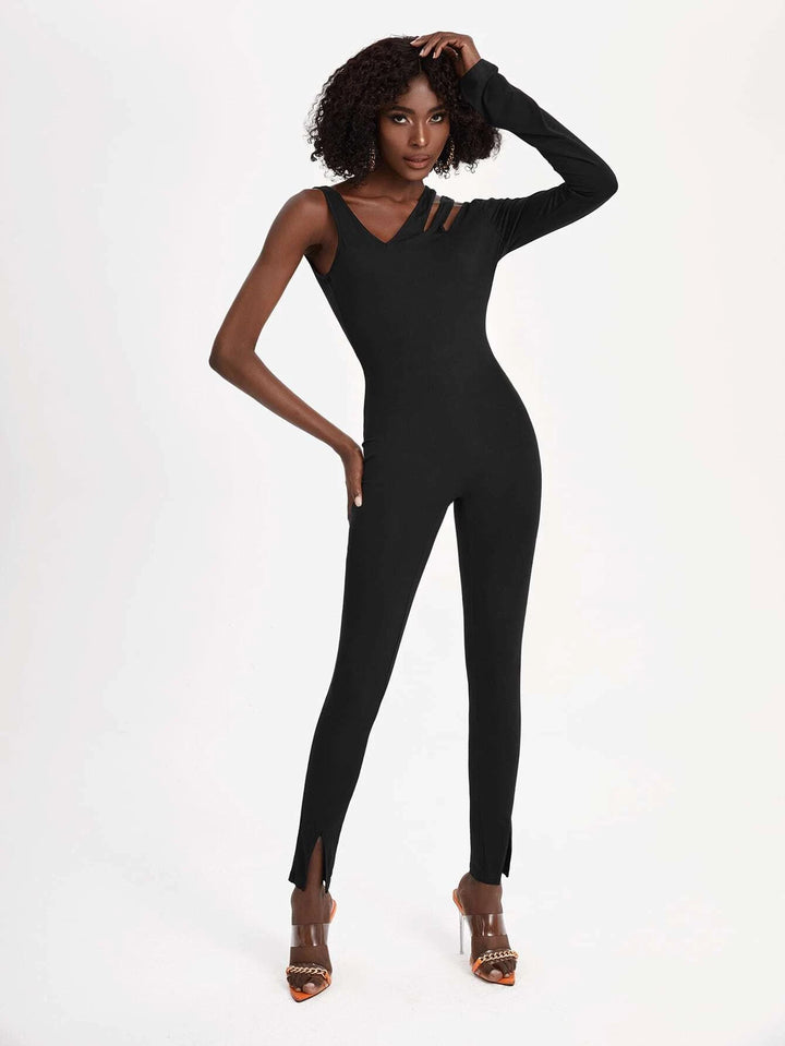 Asymmetrical Neckline Split Hem Unitard Jumpsuit