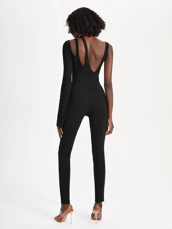 Asymmetrical Neckline Split Hem Unitard Jumpsuit