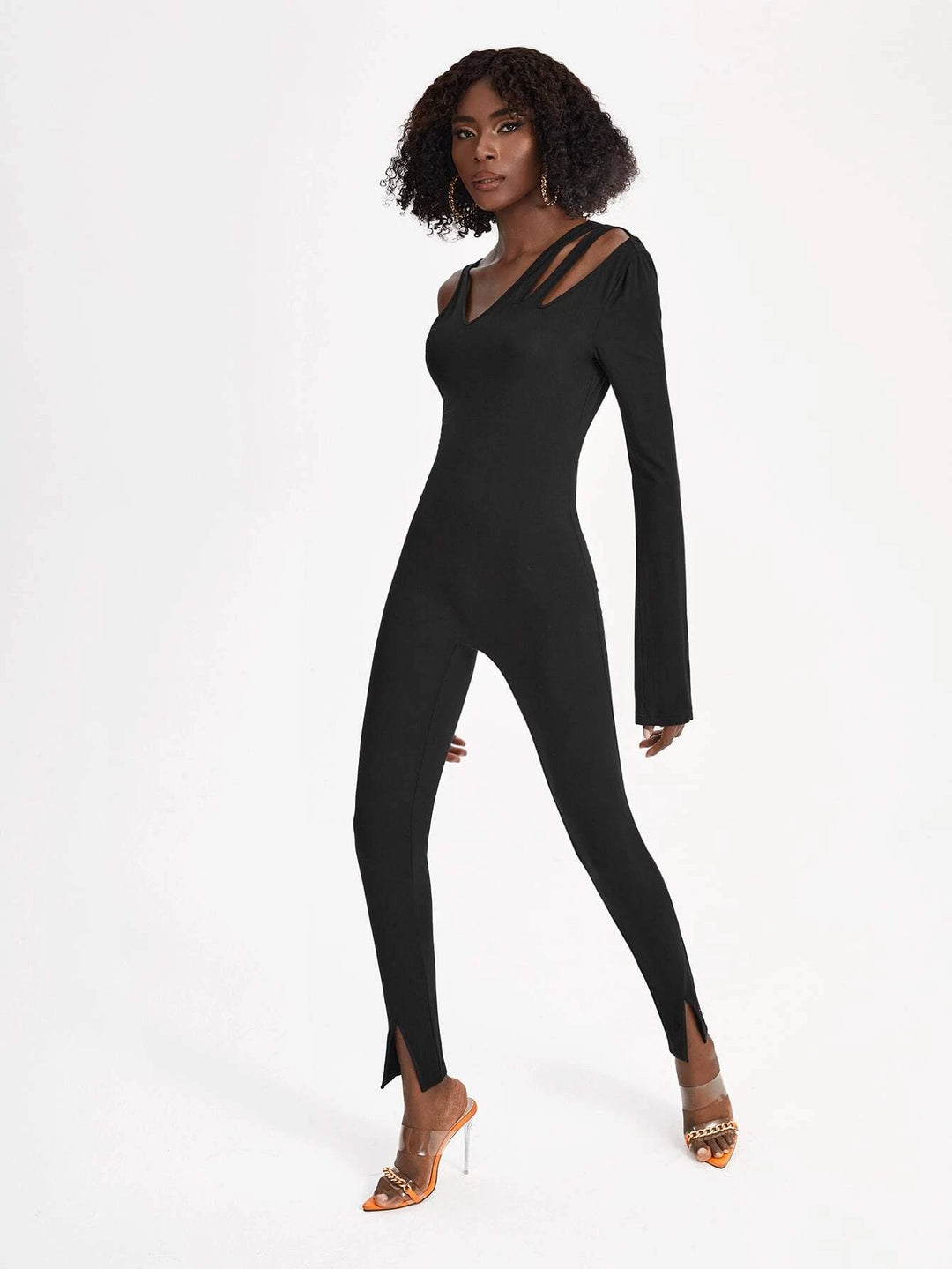 Asymmetrical Neckline Split Hem Unitard Jumpsuit