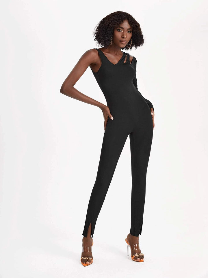 Asymmetrical Neckline Split Hem Unitard Jumpsuit