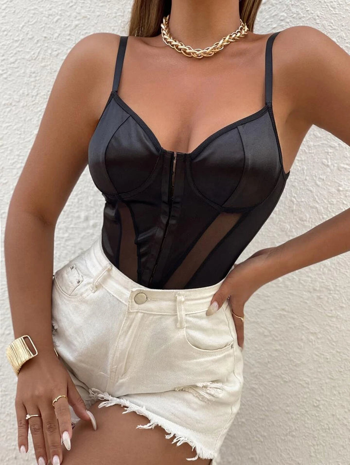 Contrast Mesh Cami Plain Bodysuit