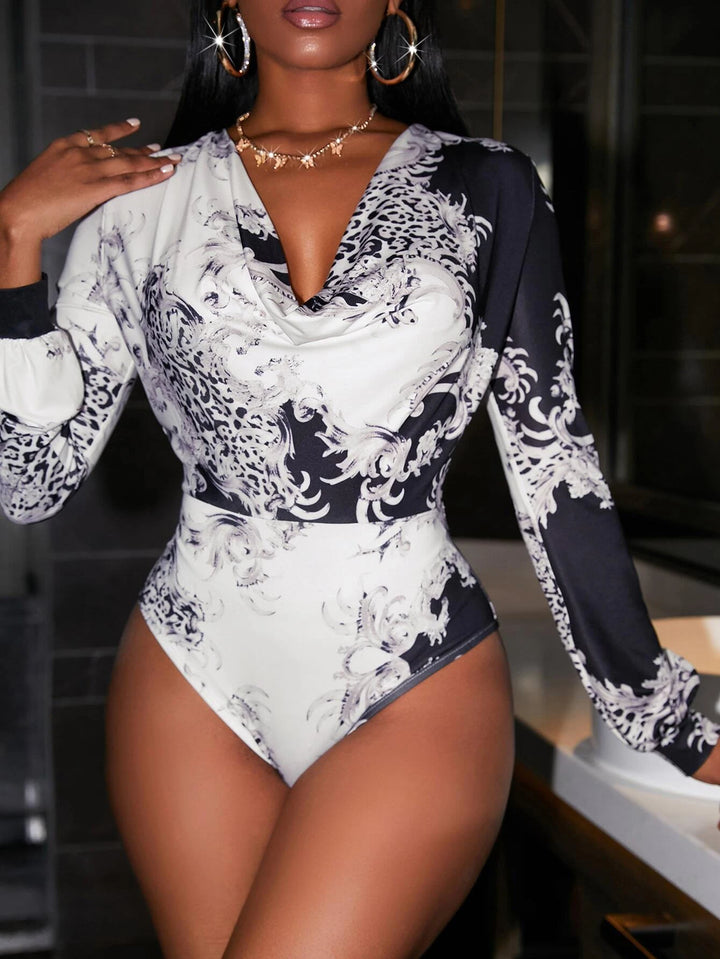 Baroque & Leopard Print Cowl Neck Bodysuit