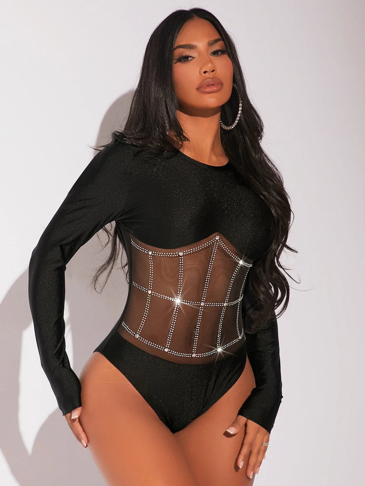 Mesh Panel Glitter Bodysuit