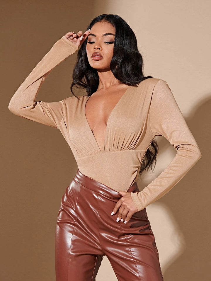 Deep V Neck Ruched Bodysuit