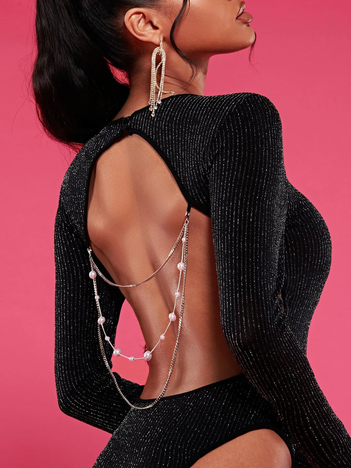 Pearls Chain Backless Glitter Bodysuit