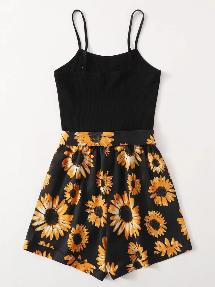 Self Belted Sunflower Print Cami Romper