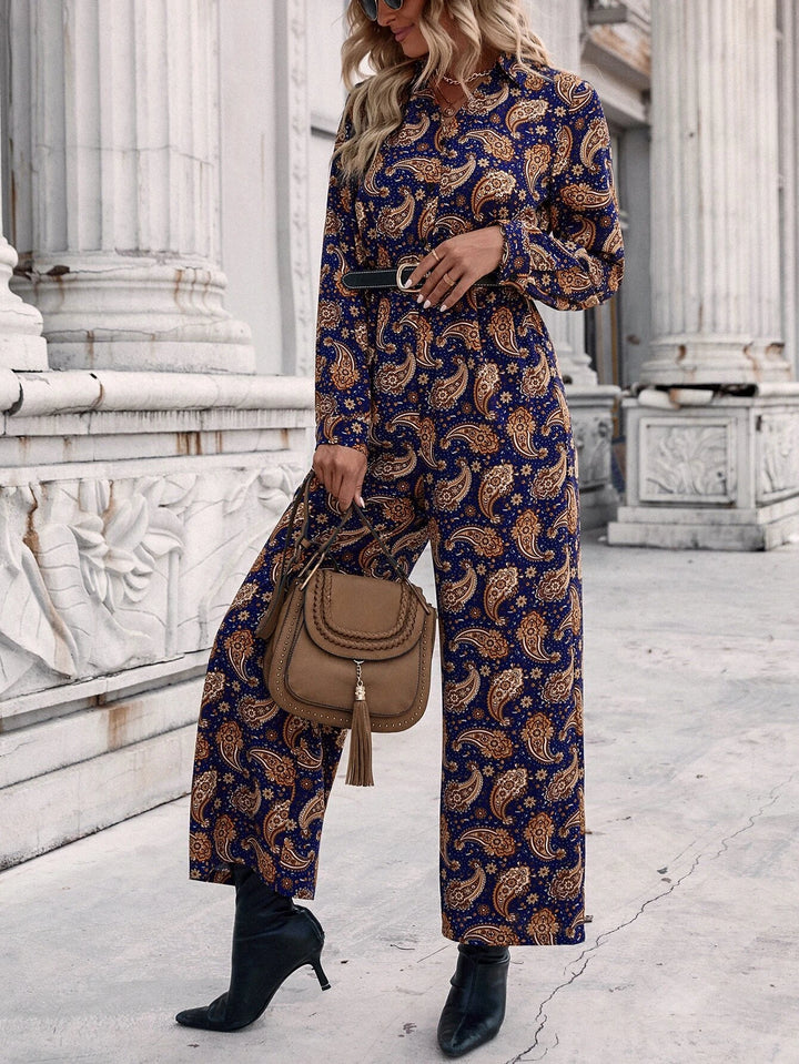 Paisley Print Wide Leg Jumpsuit Without Belt