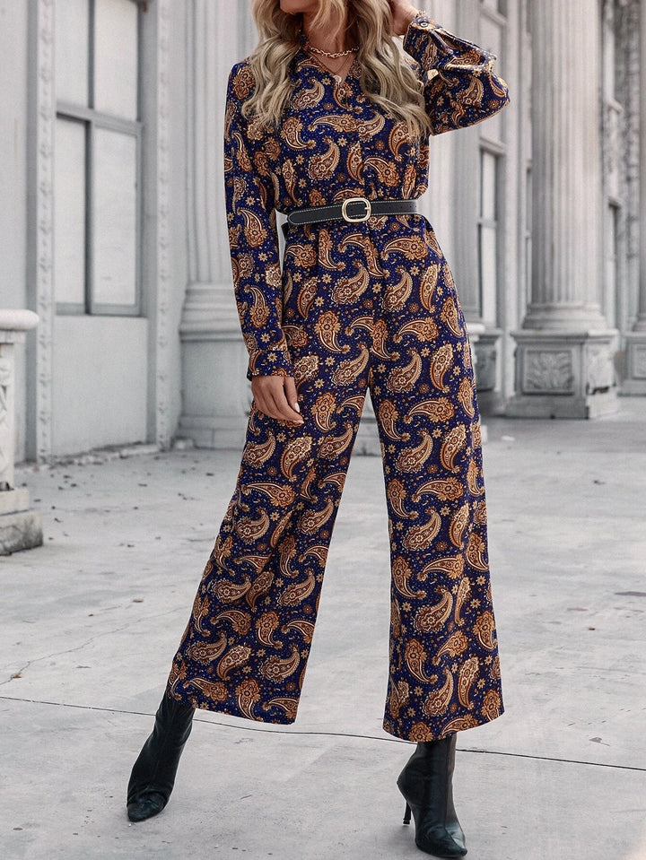 Paisley Print Wide Leg Jumpsuit Without Belt