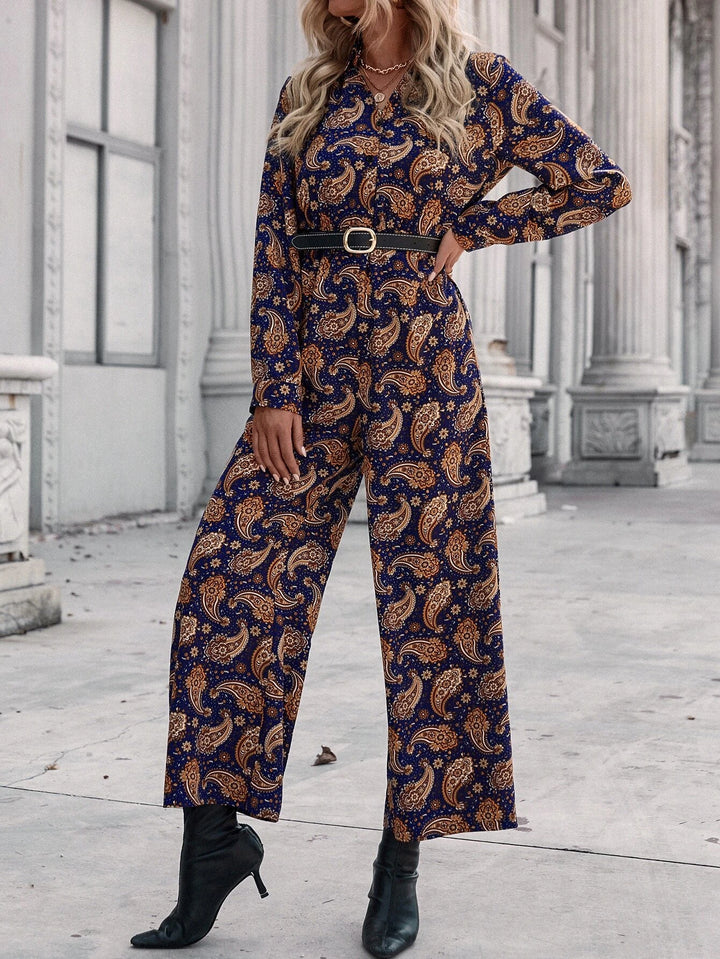 Paisley Print Wide Leg Jumpsuit Without Belt