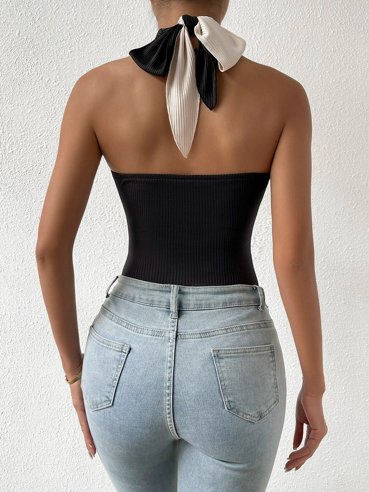 Two Tone Halter Neck Backless Bodysuit