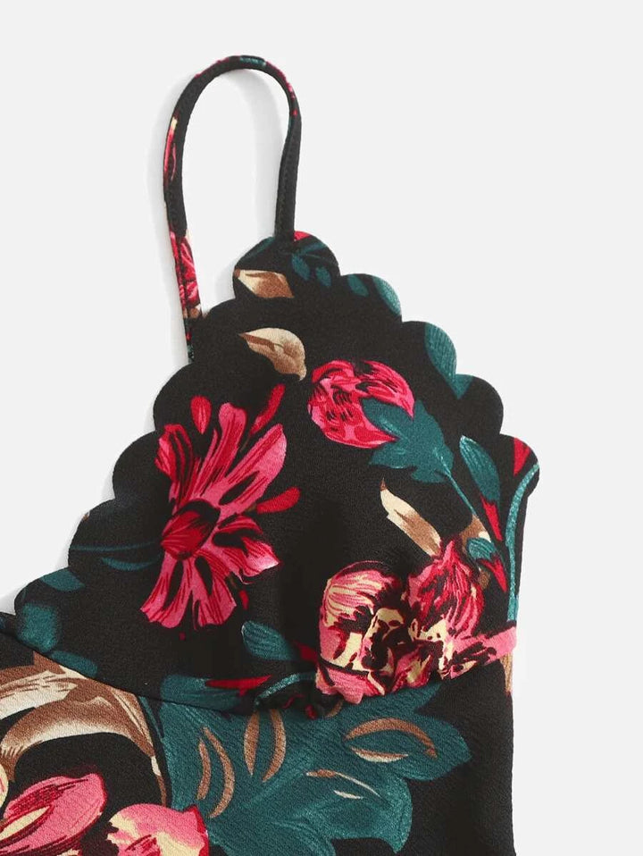 Allover Floral Print Scallop Trim Cami Bodysuit