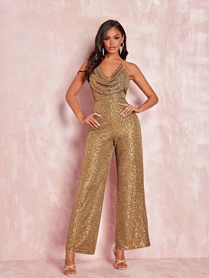 Front Backless Sequin Halter Jumpsuit