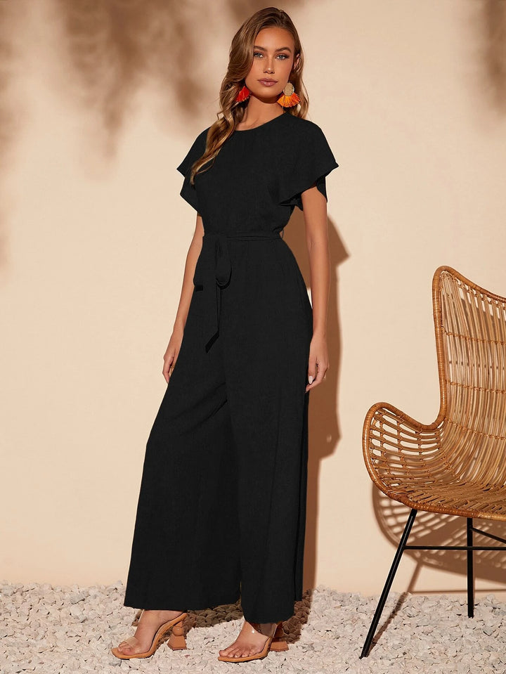 Butterfly Sleeve Belted Wide Leg Jumpsuit