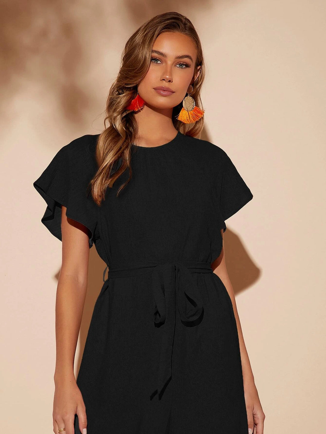 Butterfly Sleeve Belted Wide Leg Jumpsuit