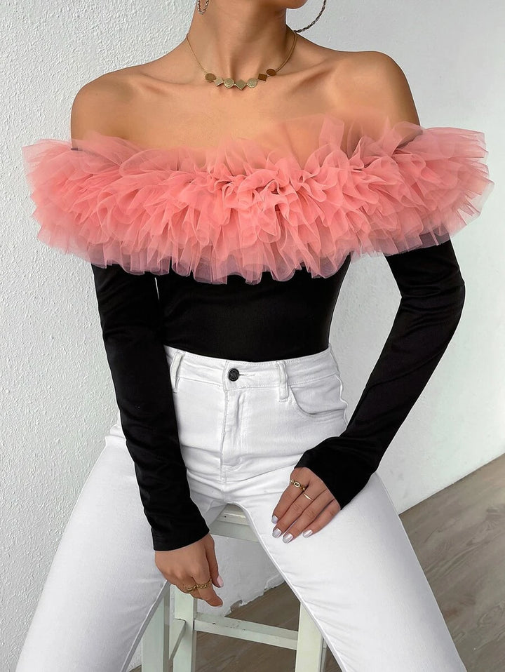 Contrast Mesh Exaggerated Ruffle Off Shoulder Bodysuit