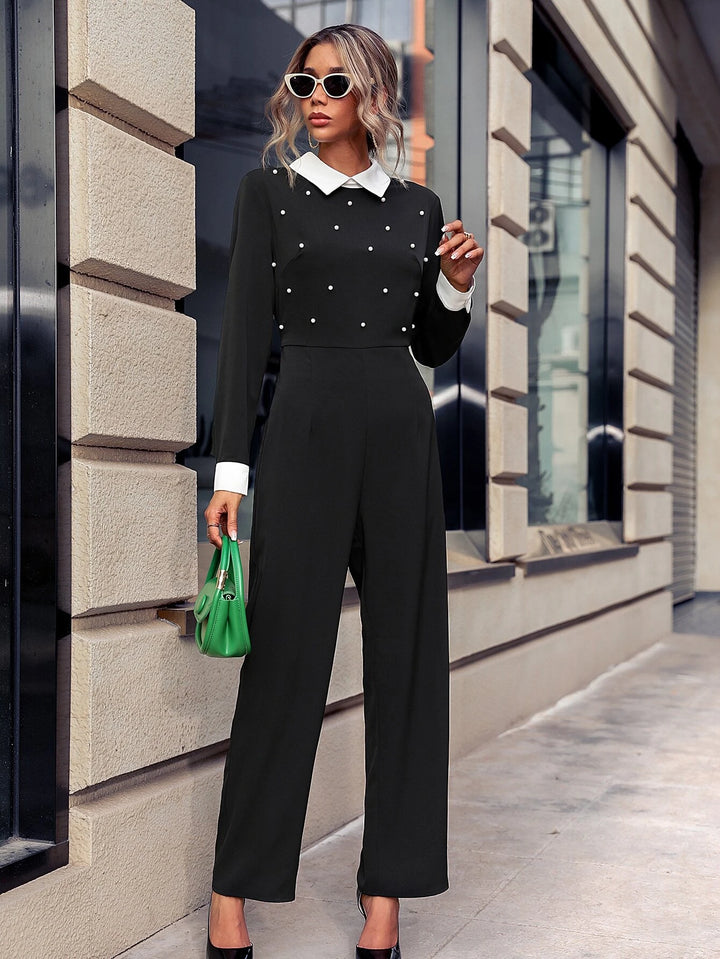 Contrast Color Collar Pearls Beaded Jumpsuit