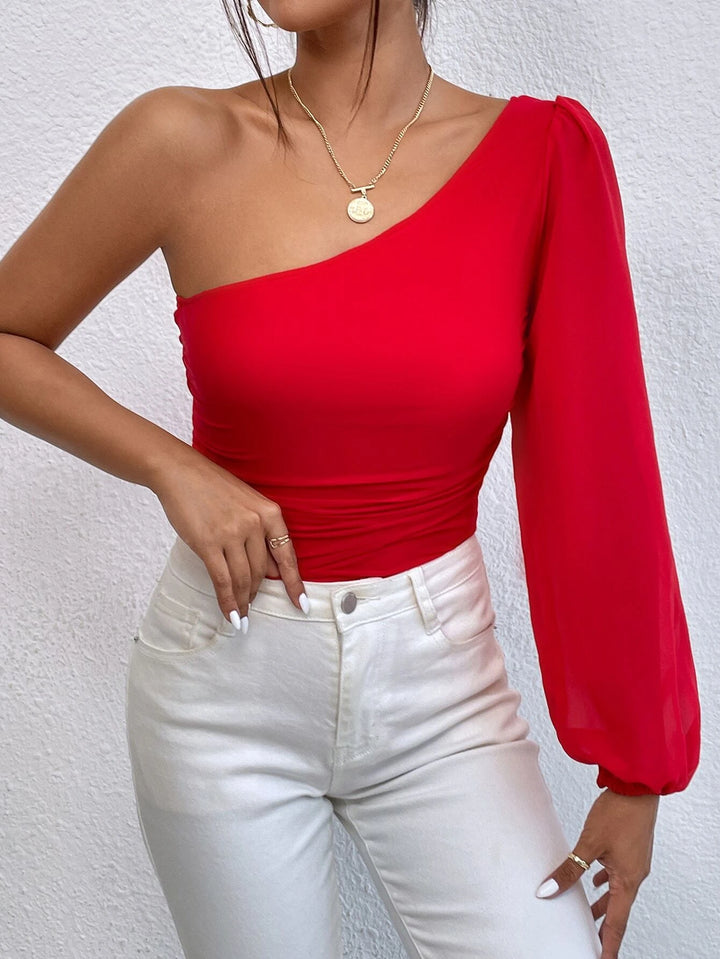 One Shoulder Sleeve Ruched Bodysuit