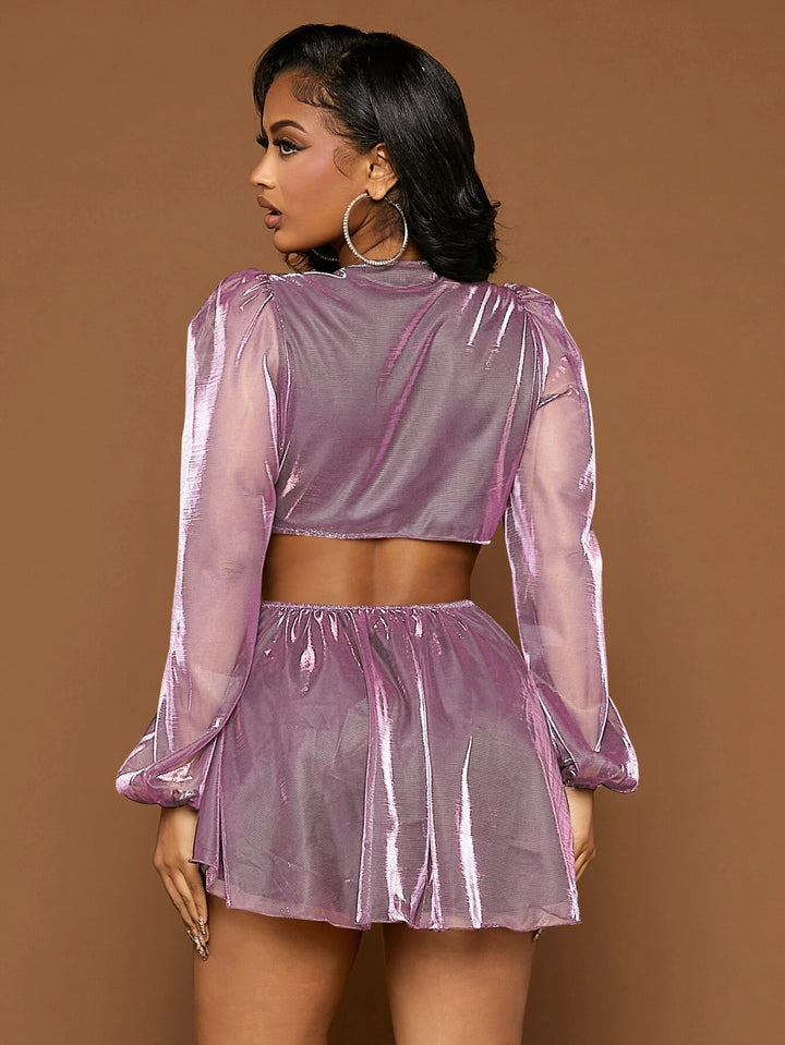 Plunging Neck Lantern Sleeve Metallic Romper