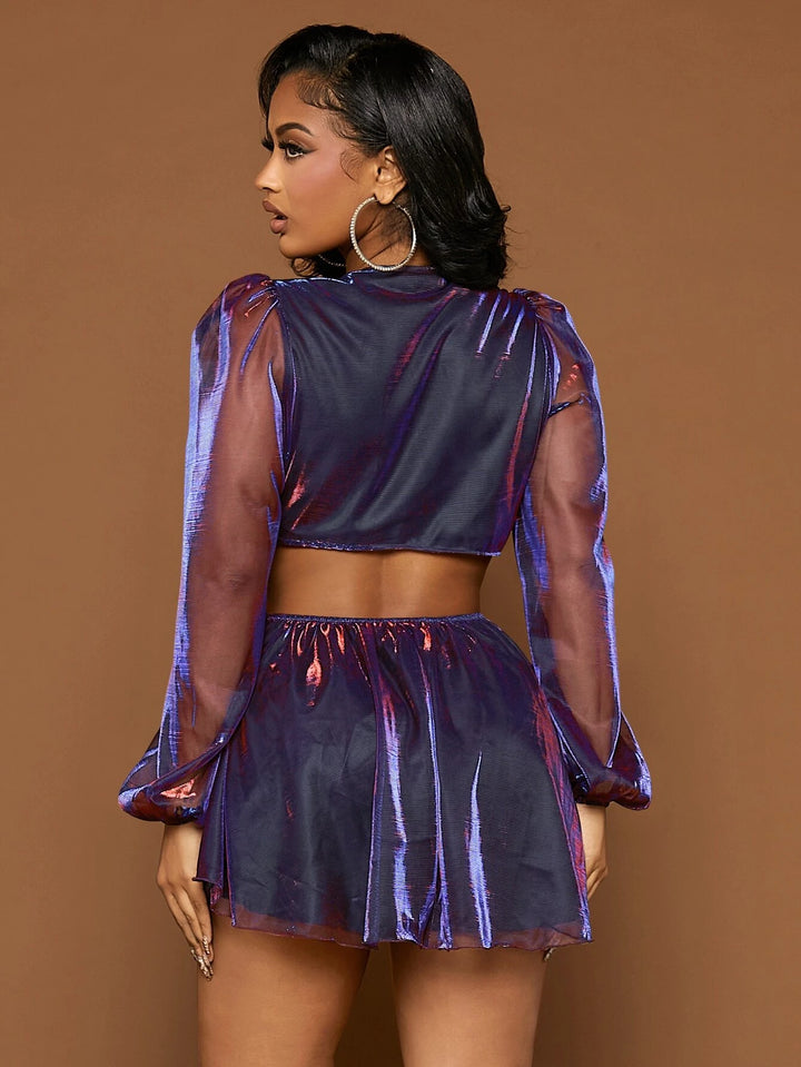 Plunging Neck Lantern Sleeve Metallic Romper