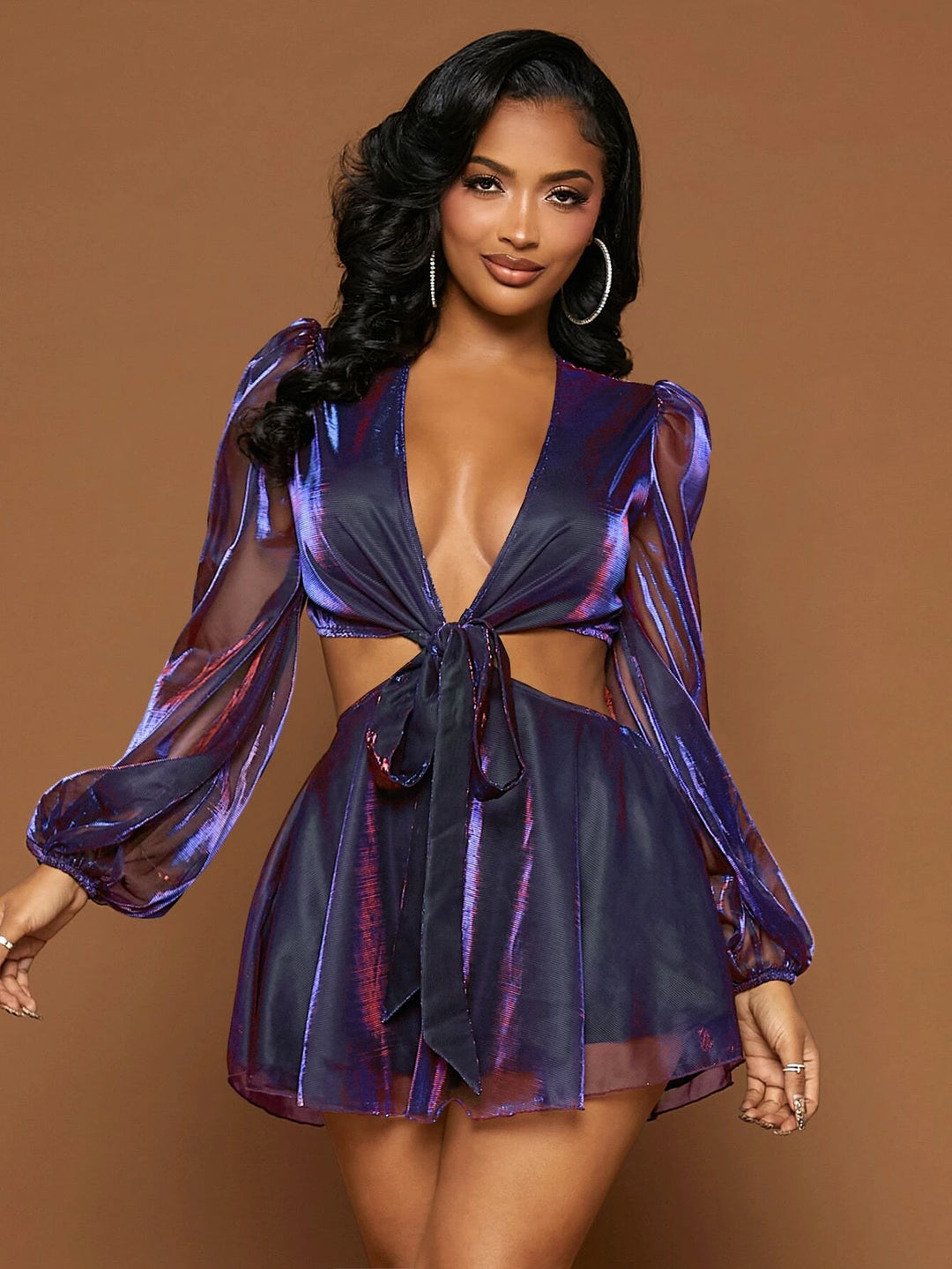 Plunging Neck Lantern Sleeve Metallic Romper