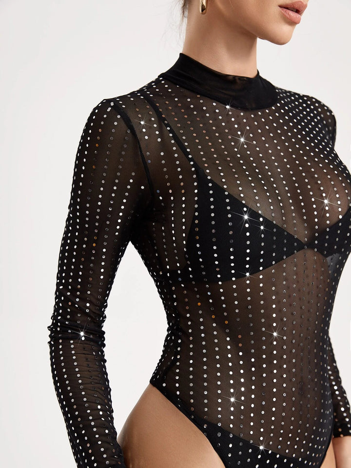 Bianca Rhinestone Mock Neck Sheer Bodysuit