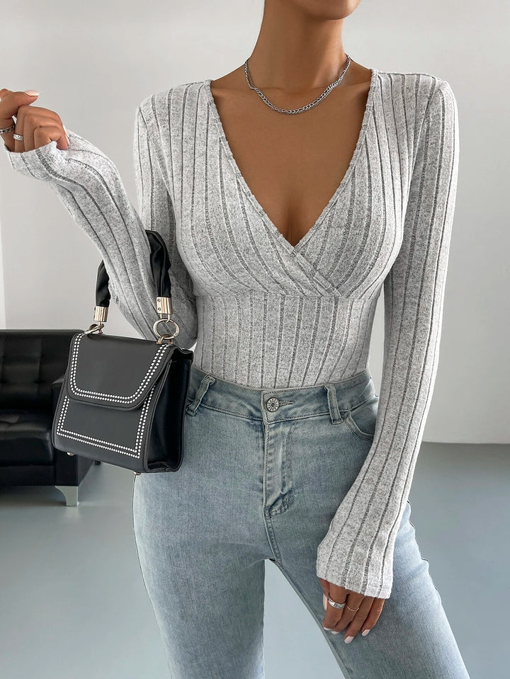 Surplice Neck Ribbed Knit Bodysuit