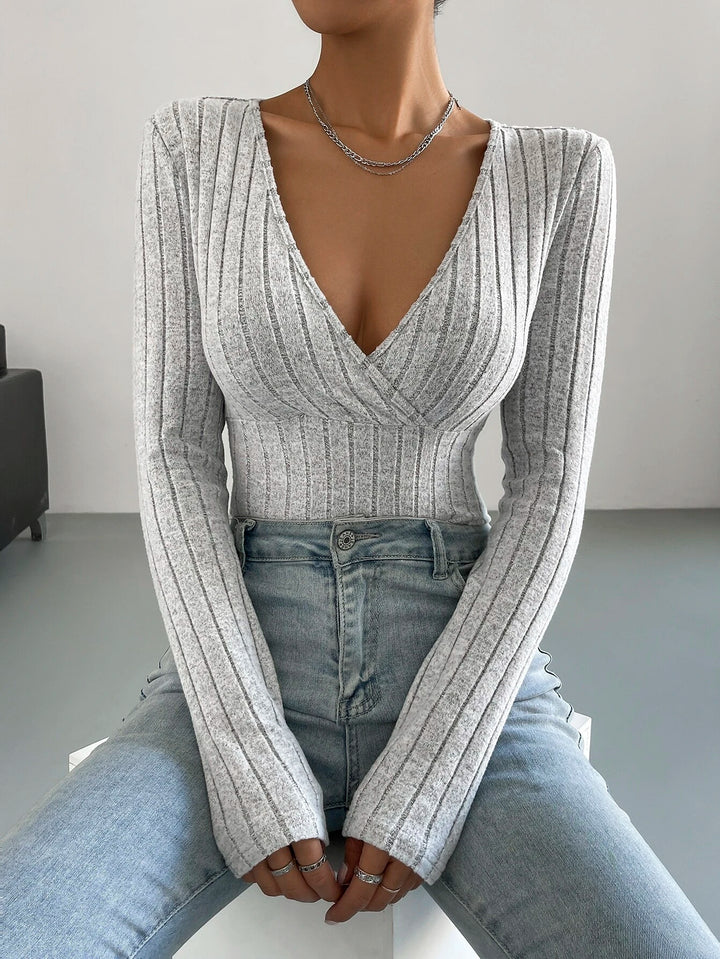 Surplice Neck Ribbed Knit Bodysuit