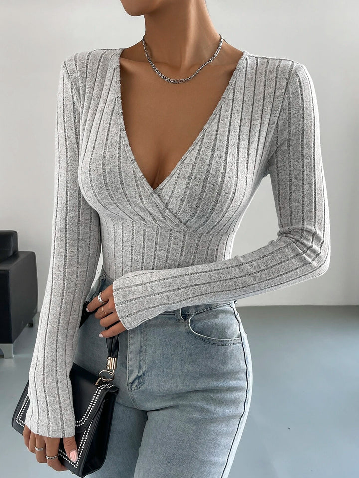 Surplice Neck Ribbed Knit Bodysuit