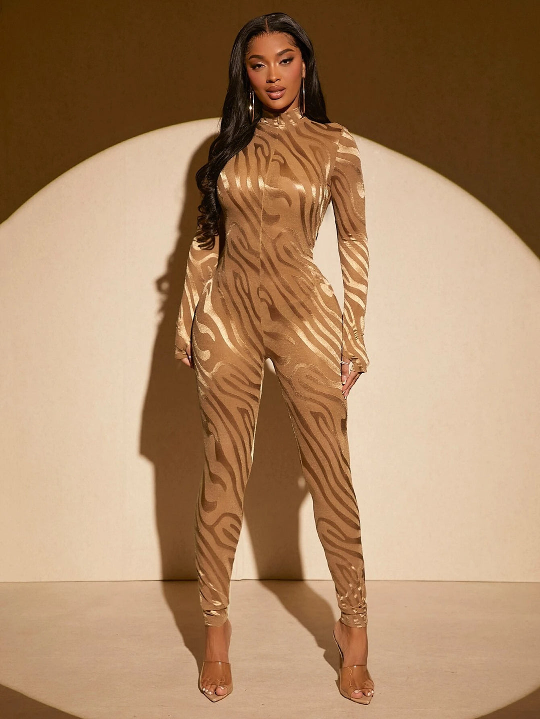 Striped Patterned Long Sleeve Unitard Jumpsuit