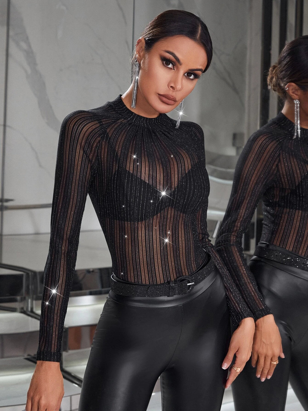 Mock Neck Sequin Mesh Stretchable Bodysuit