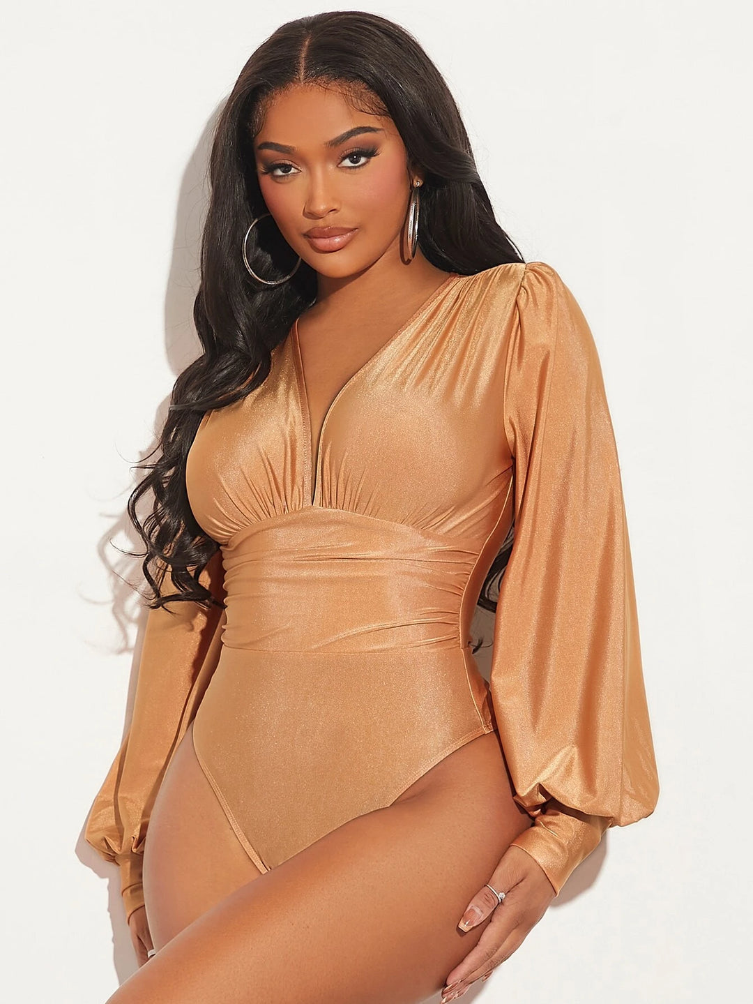 Lantern Sleeve Ruched Bodysuit