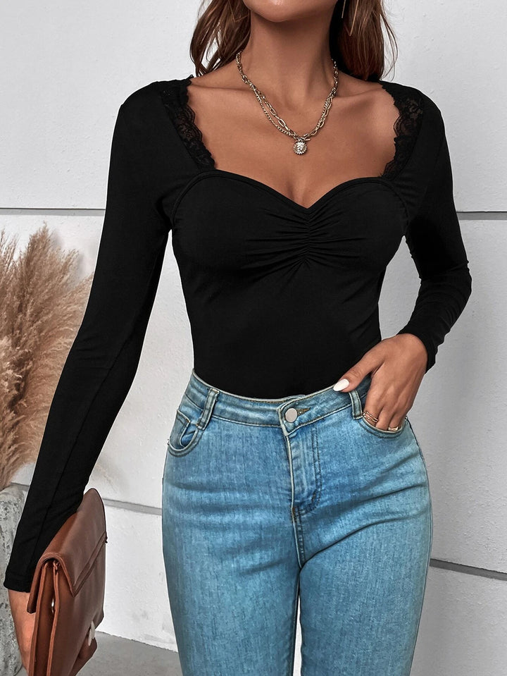 Contrast Lace Neck Ruched Bodysuit