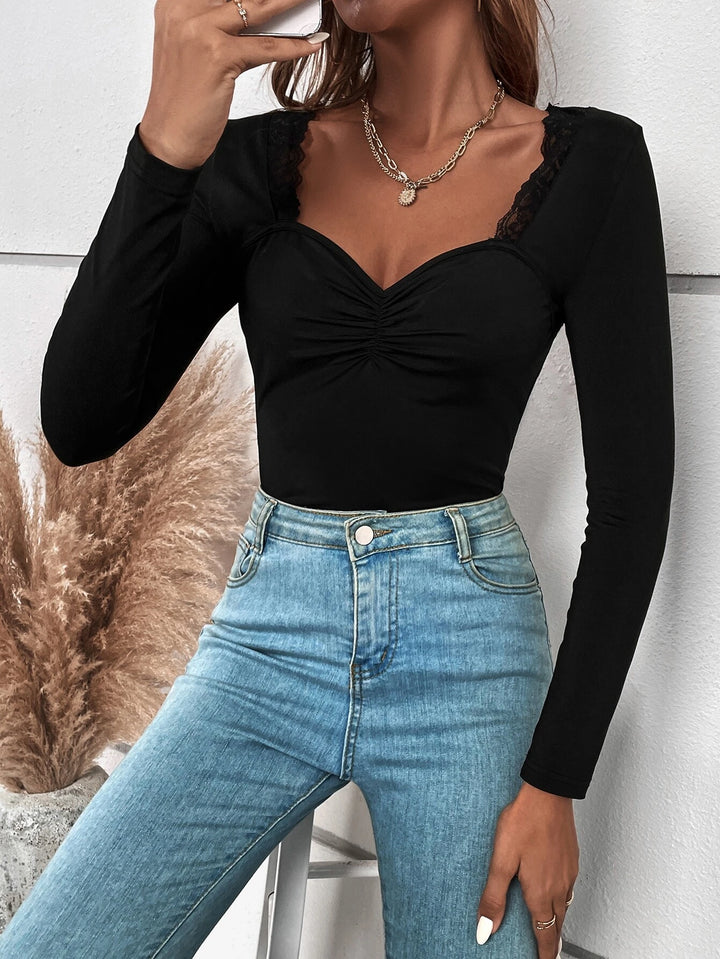 Contrast Lace Neck Ruched Bodysuit