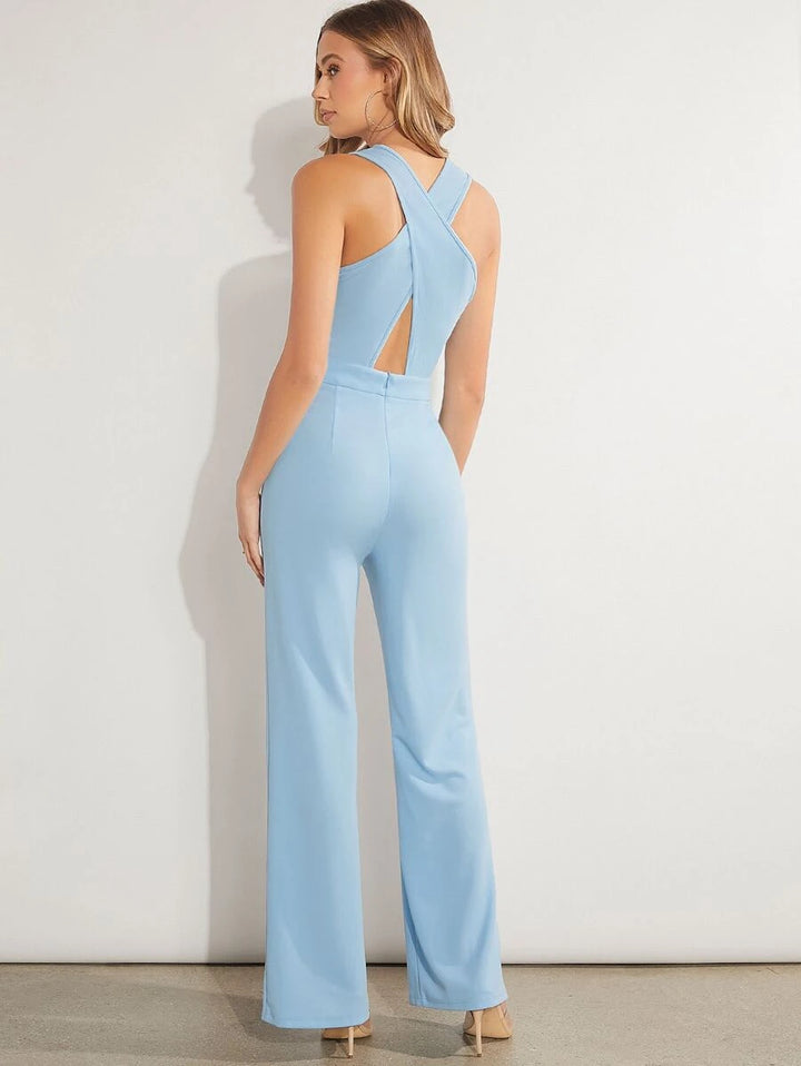 Solid Crisscross Zipper Back Jumpsuit