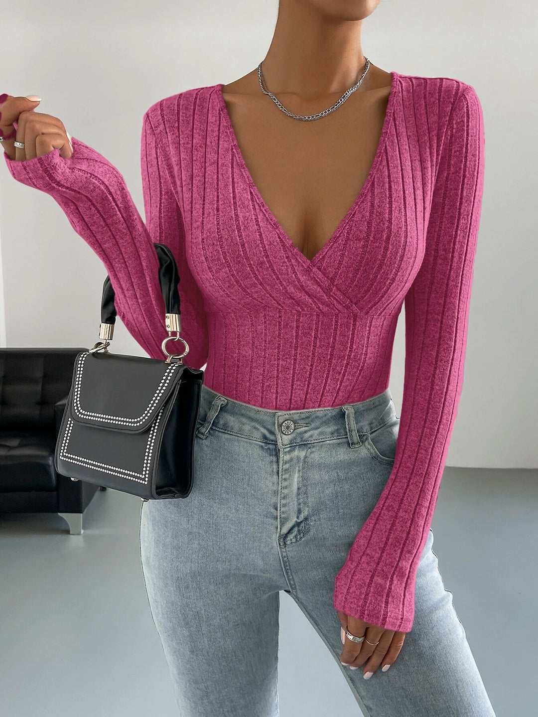 Surplice Neck Ribbed Knit Bodysuit