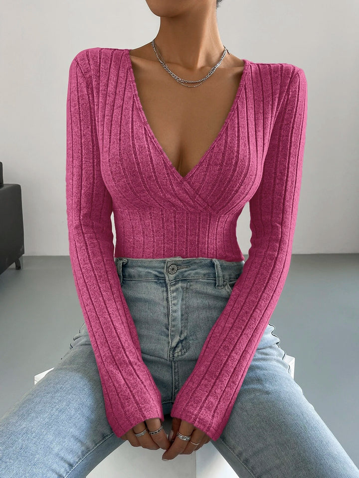 Surplice Neck Ribbed Knit Bodysuit