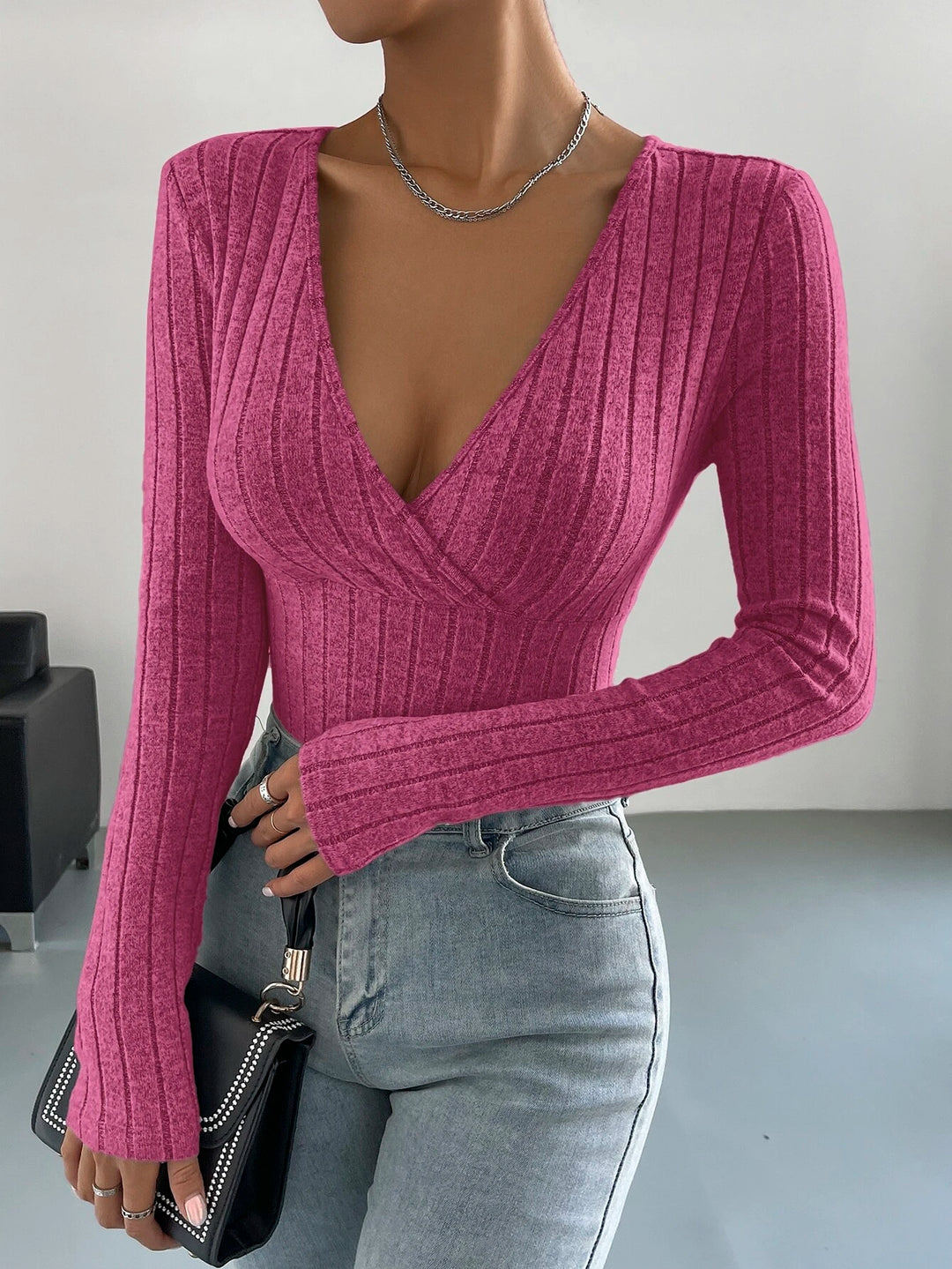 Surplice Neck Ribbed Knit Bodysuit