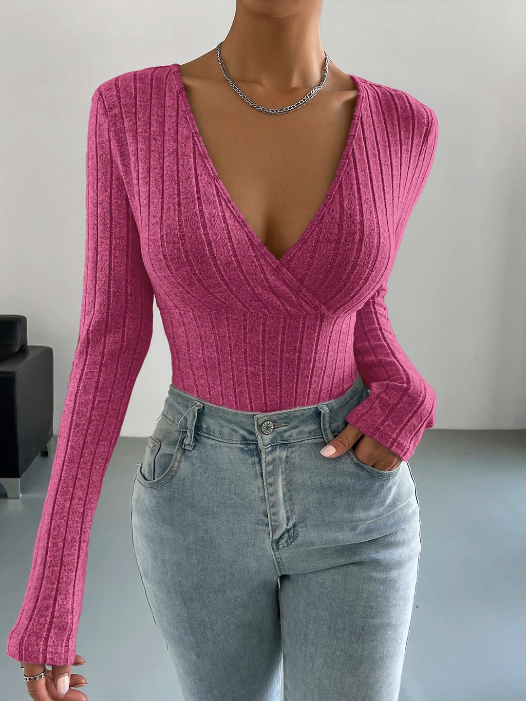 Surplice Neck Ribbed Knit Bodysuit