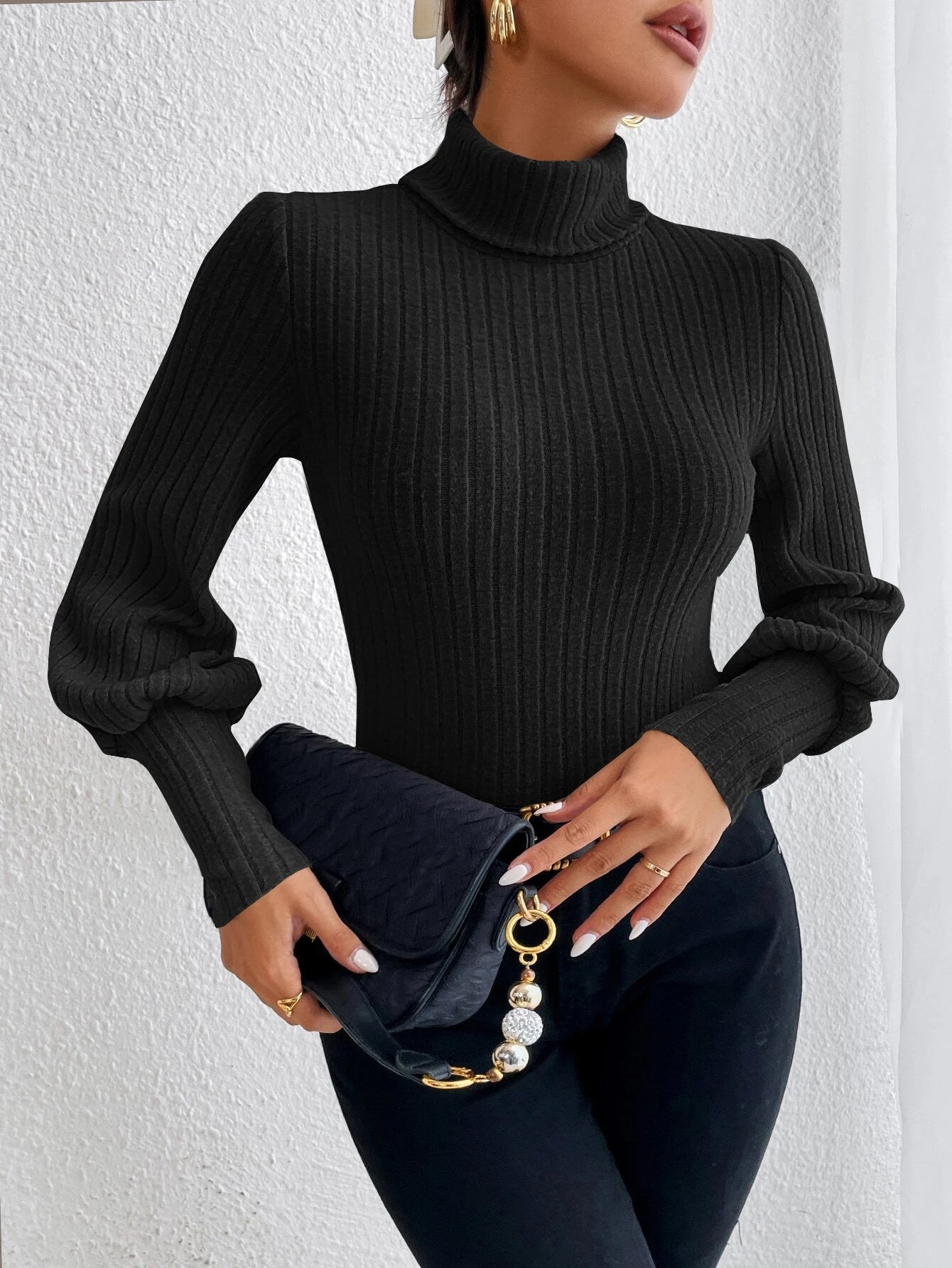 Turtle Neck Ribbed Knit Bodysuit Comfy Jumpsuit