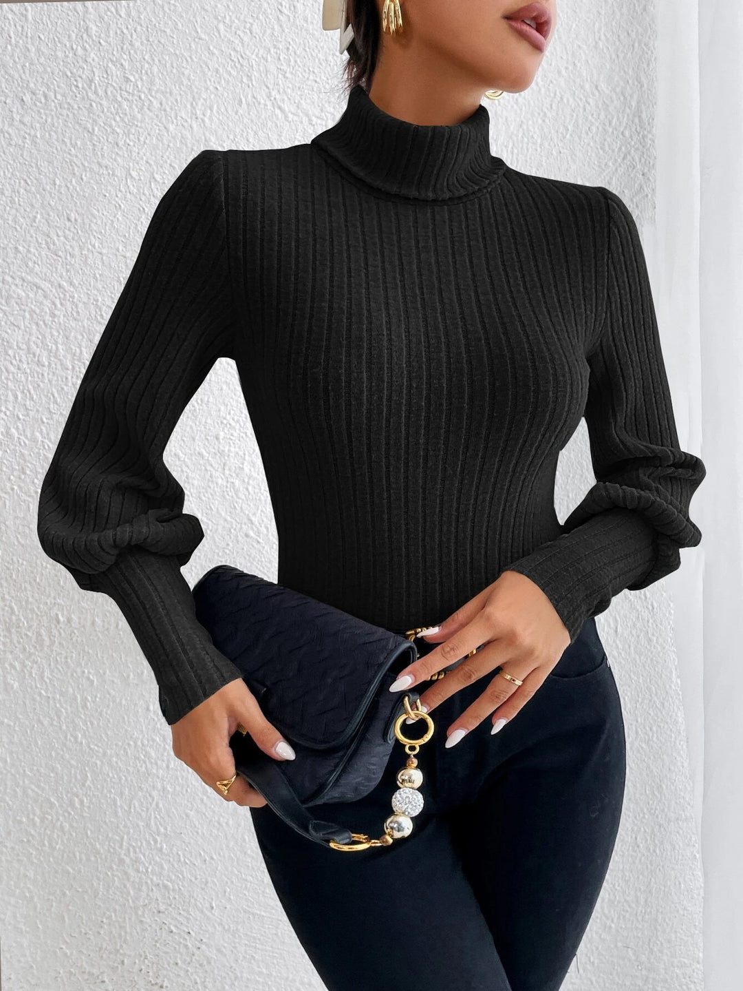 Turtle Neck Ribbed Knit Bodysuit