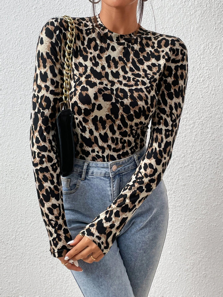 Leopard Print Mock Neck Bodysuit