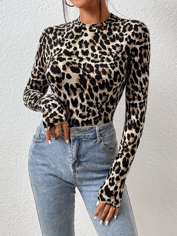 Leopard Print Mock Neck Bodysuit