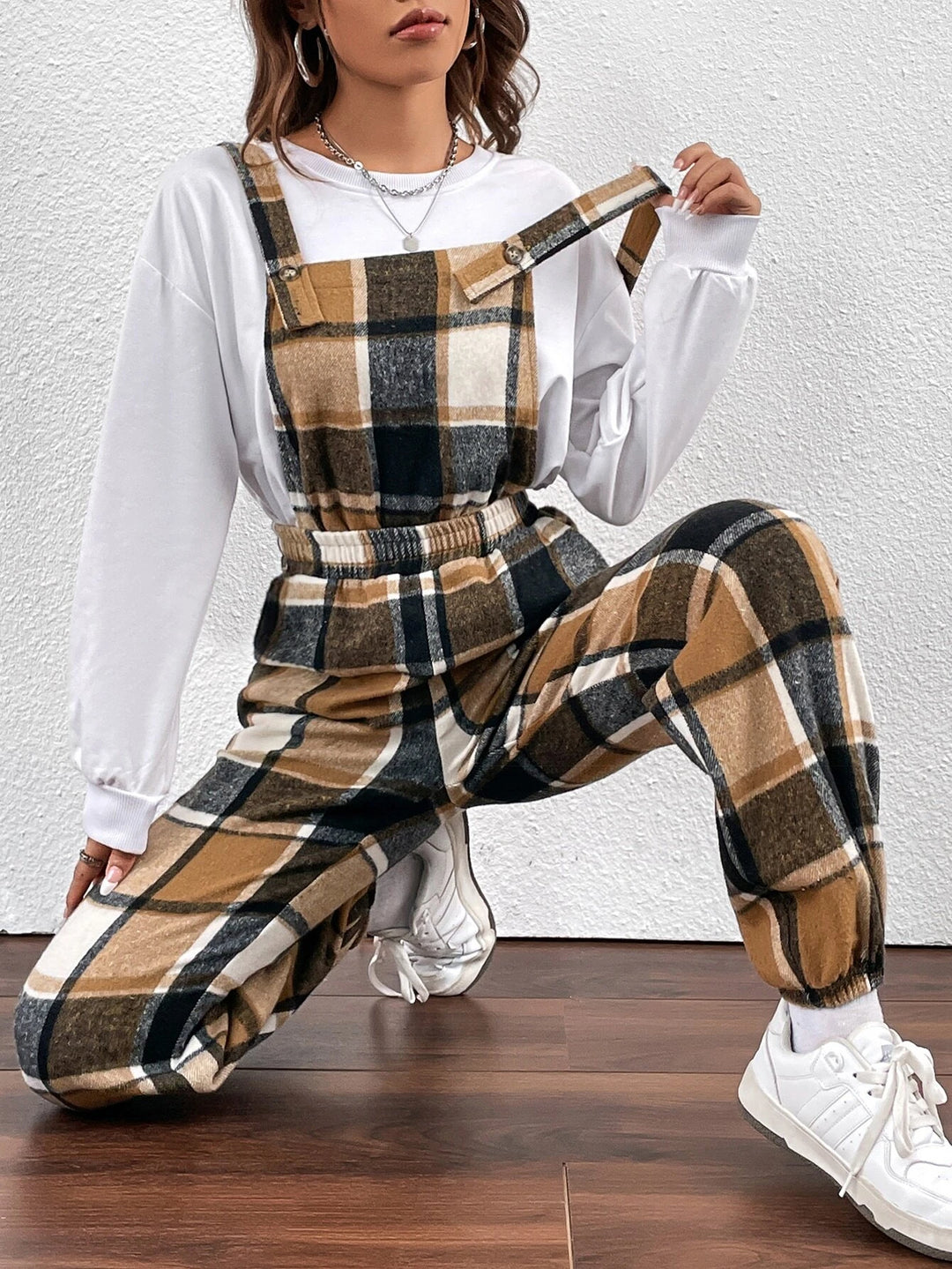 Plaid Print Overall Jumpsuit Without Top