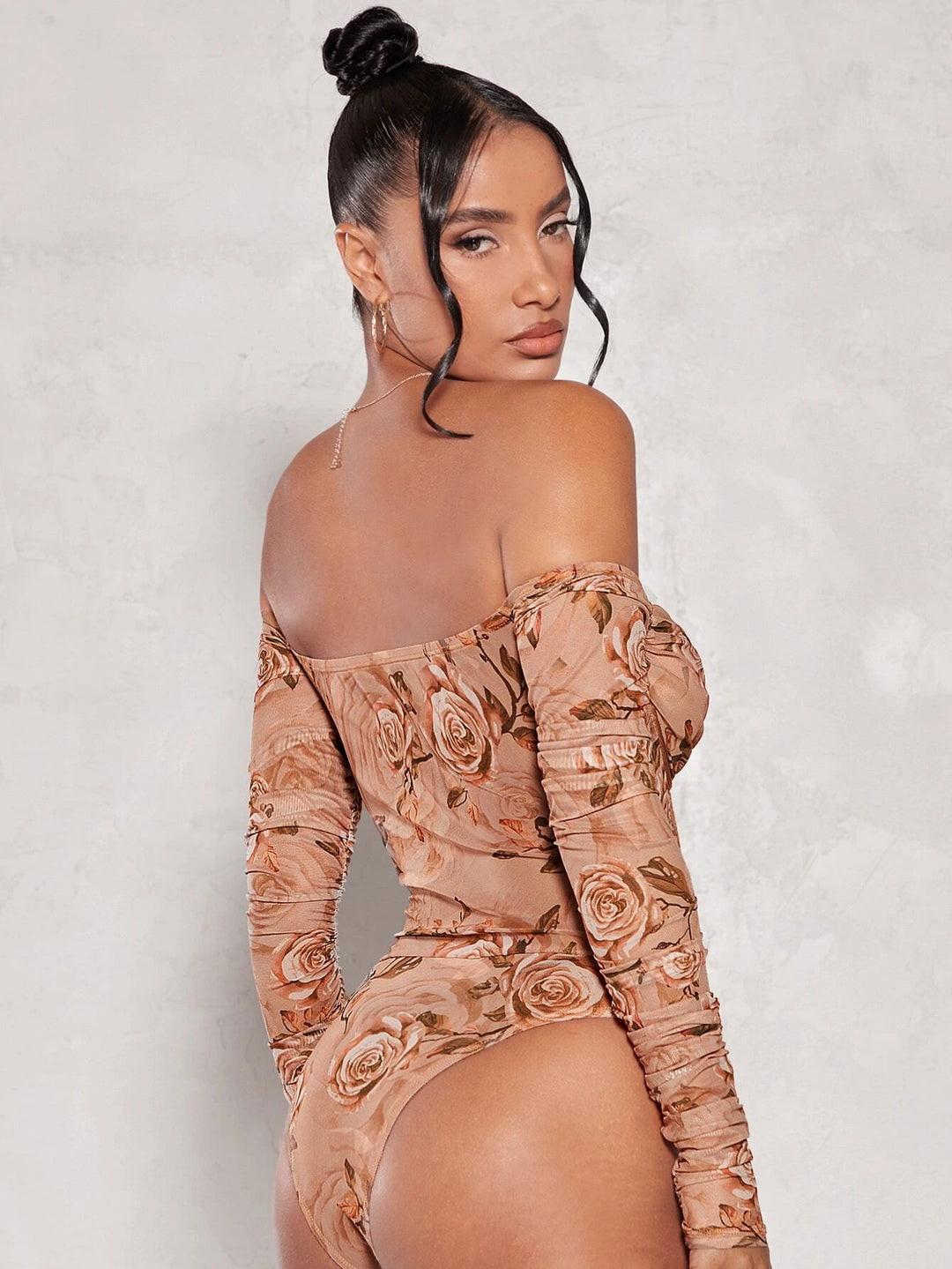 Floral Print Off Shoulder Mesh Bodysuit