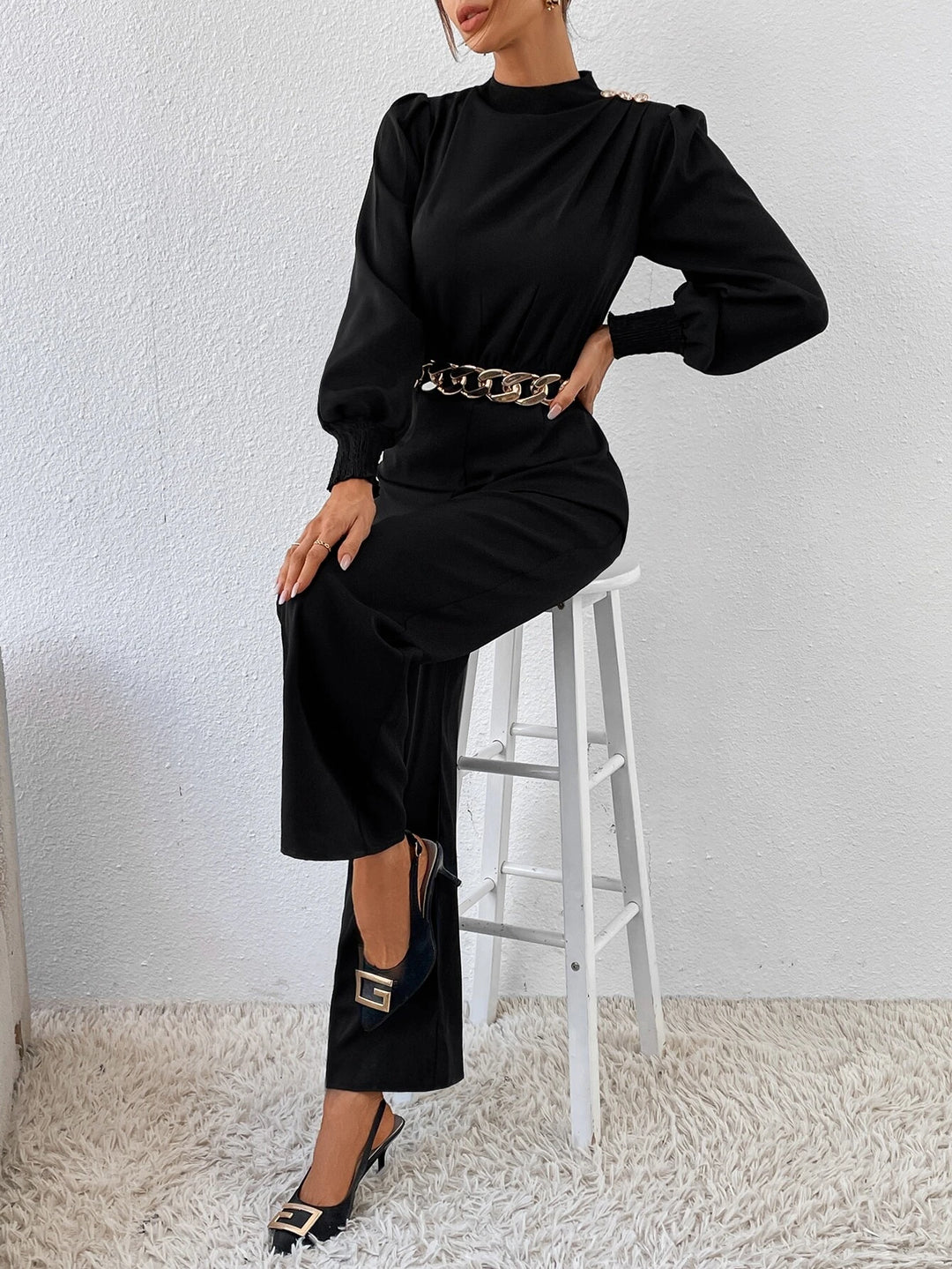 Neck Lantern Sleeve Jumpsuit